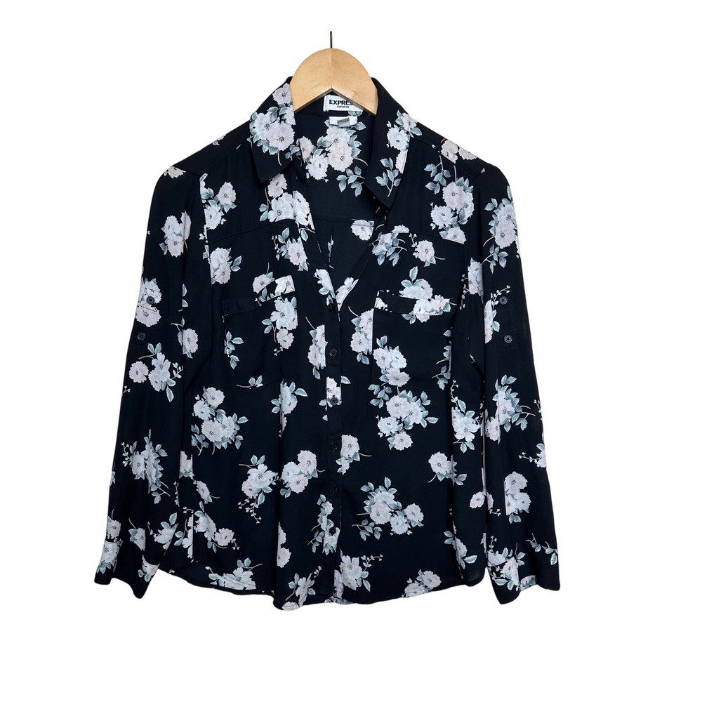 Express Portofino Floral Print Button Up Long Sleeve Top size Medium Petite Blac